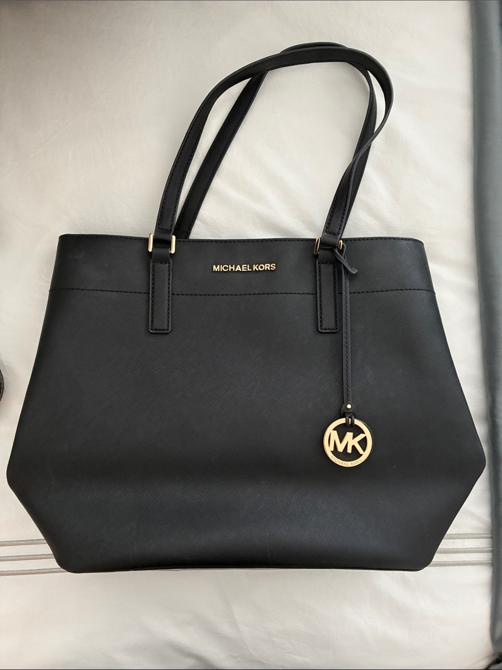 Michael Kors Black Leather Tote with Gold MK Charm
